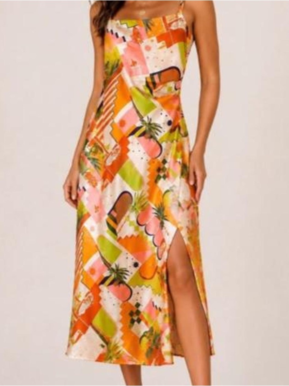 House of Harlow 1960 Orange Multi Tropical Midi Slip Dress with Slit Size Medium